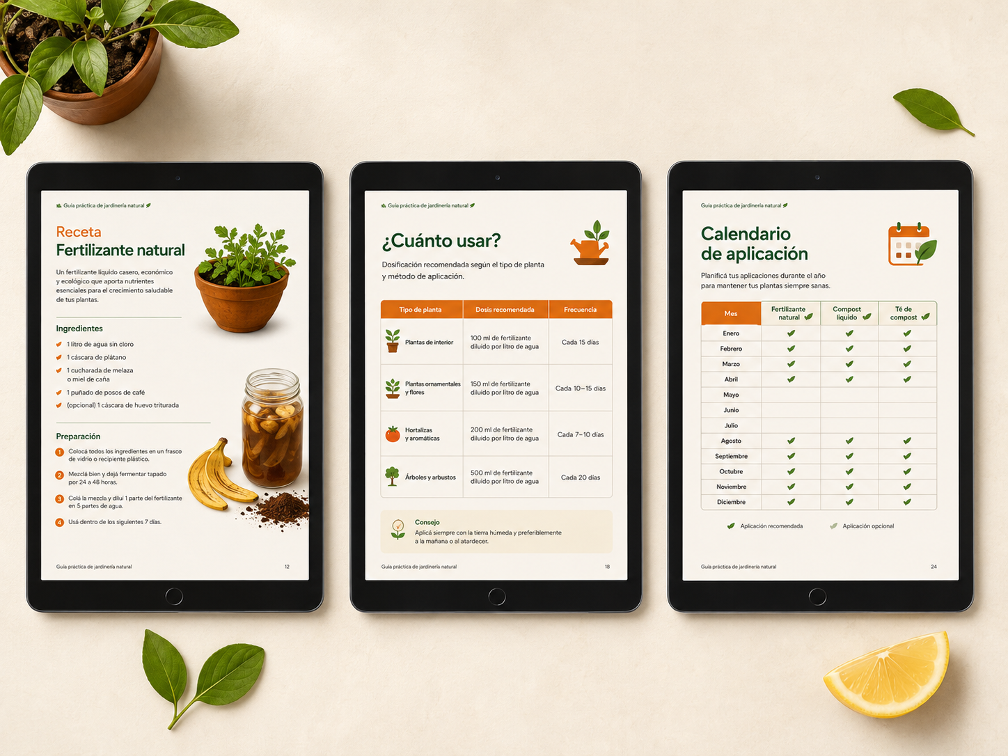 Tres tablets mostrando páginas internas de la guía: receta, dosis y calendario